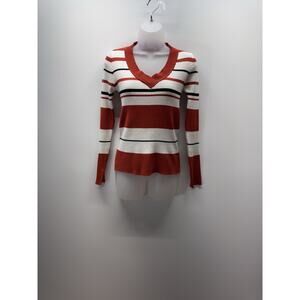 LU NYC Sweater Crew Neck Striped Black White Red Women’s Size Large Ribbed